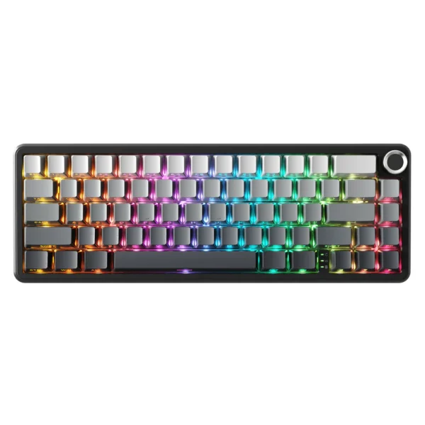 ATTACK SHARK X66 60% wireless mechanical keyboard with tri-mode connectivity, gasket mount, PBT side-printed keycaps, hot-swap switches, RGB and 3000mAh battery.